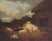 George Morland A Sow and Her Piglets in a Farmyard oil painting